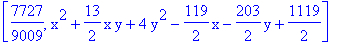 [7727/9009, x^2+13/2*x*y+4*y^2-119/2*x-203/2*y+1119/2]